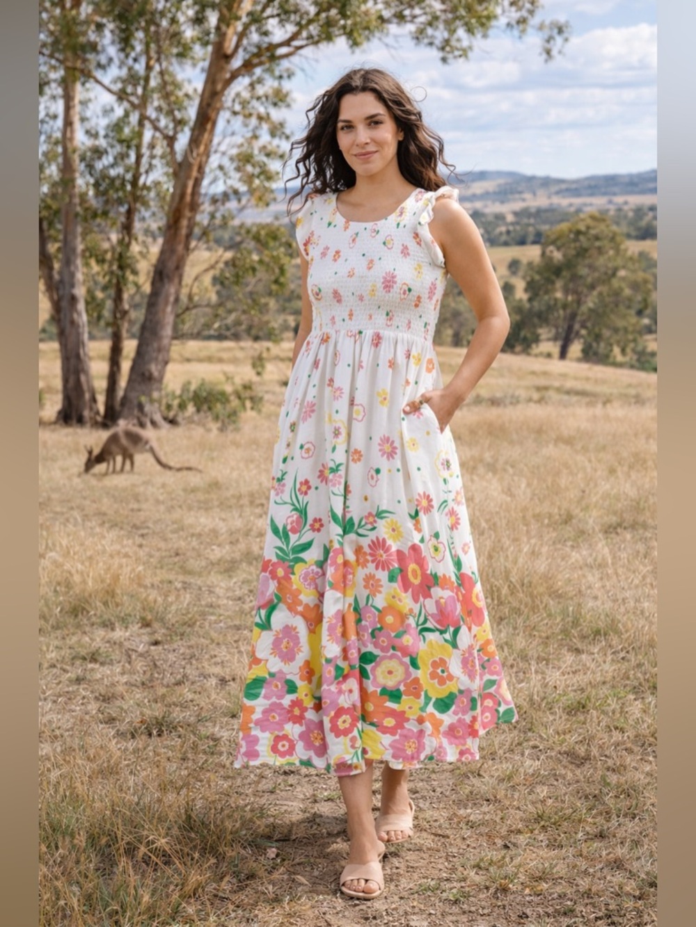 Mr. Zimi Abbie Floral Viscose Smocked Bodice Maxi Dress White Multicolor Size 10
